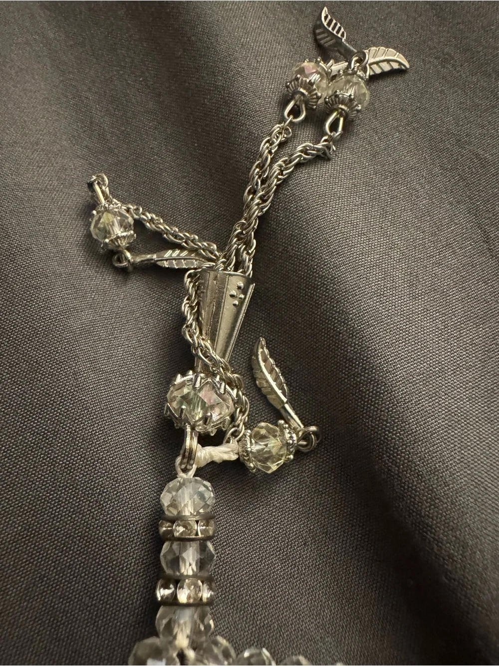 Vintage Aurora Borealis Crystal Angel Necklace Silver Tone